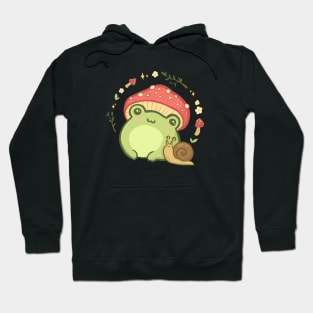 Cute Cottagecore Aesthetic Chubby Frog Snail Mushrooms, Kawaii Froggy Wearing Toadstool Hat Hoodie